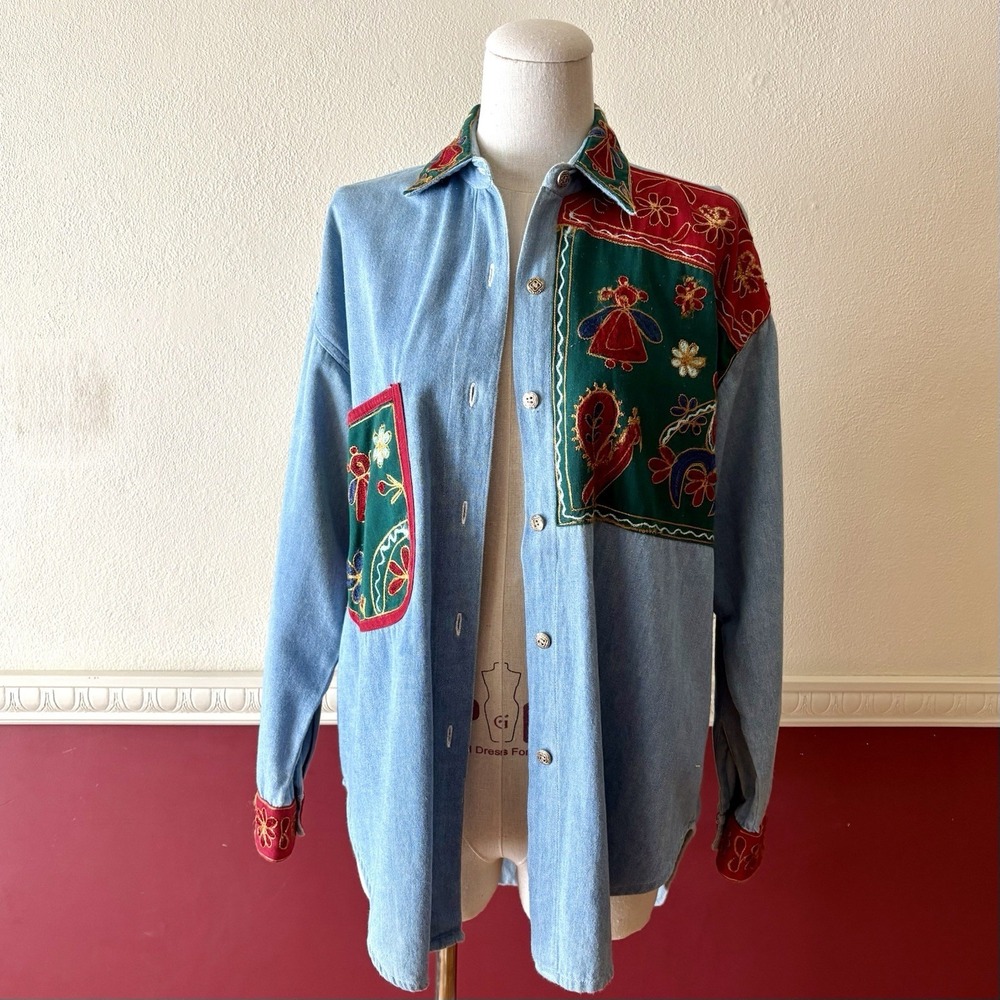 Vintage Quizz art-to-wear embroidered patchwork button up 100% cotton denim top